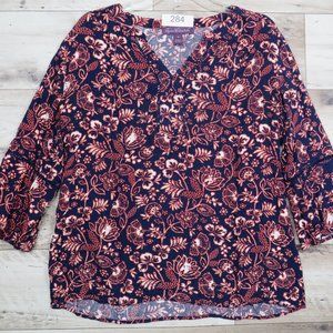 Gloria Vanderbilt* Women's Flared Long‎ Sleeve V-Neck Blouse Medium Black/Orange